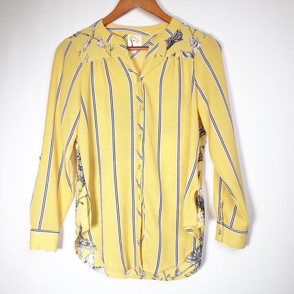 💰 5/25$ ♻️ Fig and Flower SP Yellow Floral Long Sleeve Blouse - Picture 1 of 9